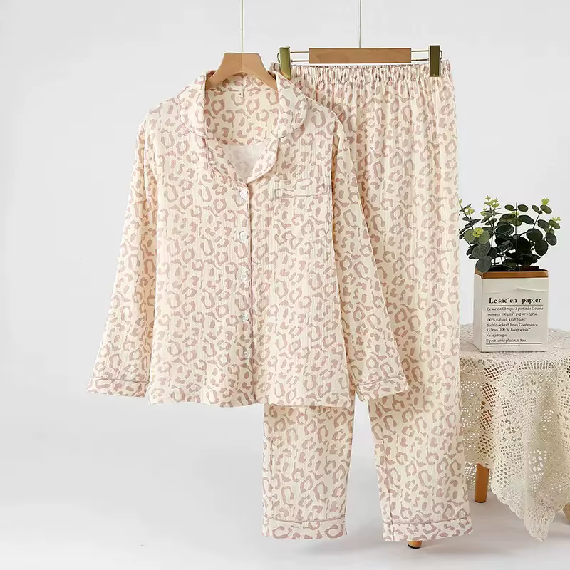 100% Cotton Gauze Women Pajama 3 Piece set European and American style Leopard Print Homewear Summer Women's