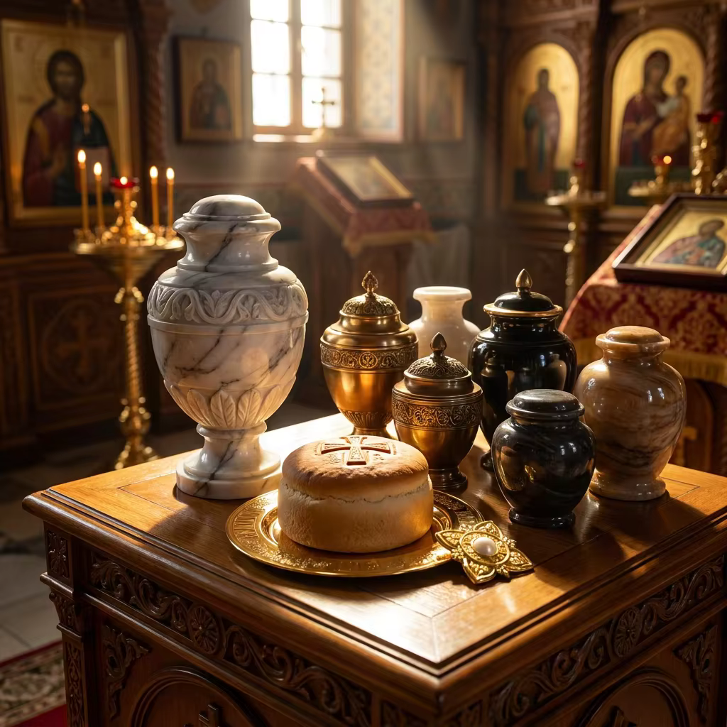 Ensemble d'assiettes d'autel orthodoxes en métal doré avec prosphora et objet carré orné dans une boîte haut de gamme