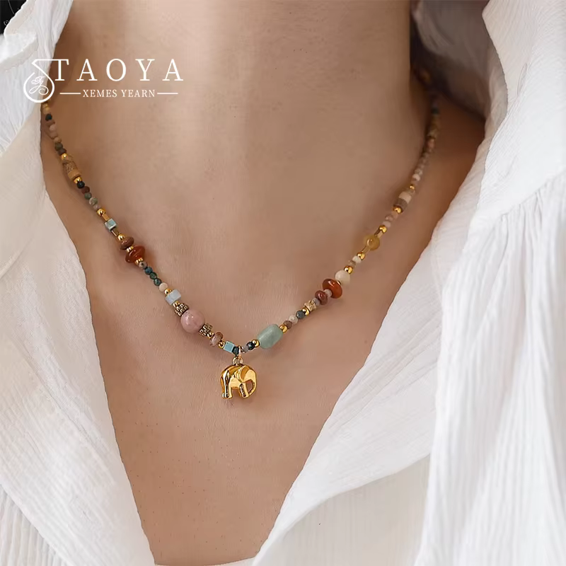 Chaîne de perles en pierre naturelle colorée rétro française