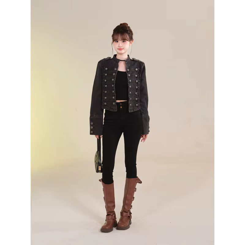 Vêtements pour femmes manteau court nouvelle veste en jean rétro bouton conception mince col montant manches longues