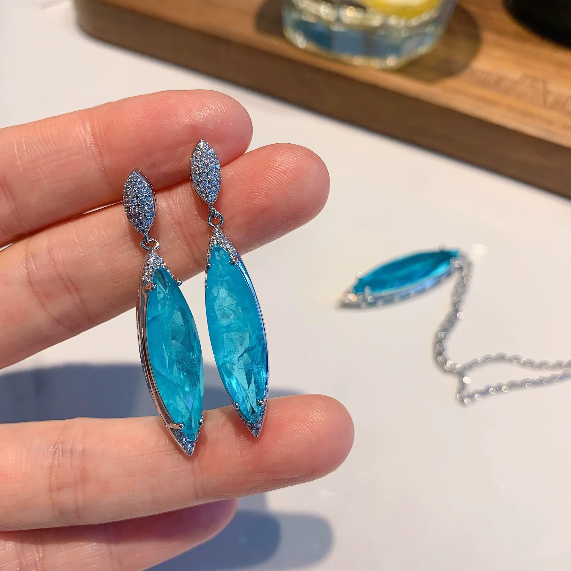 Paraiba-Ensemble de bijoux en cristal bleu pour femme