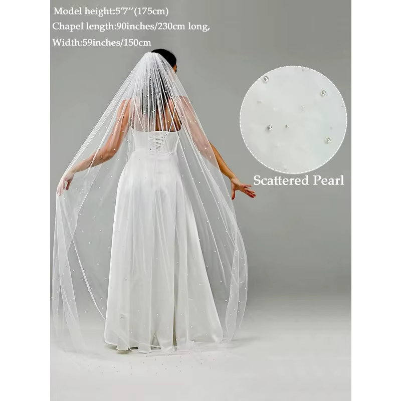 Voile de mariée élégant de 150 cm de longueur avec perles et peigne