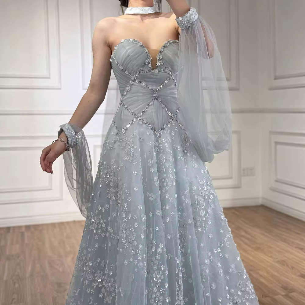 Robe de soirée trapèze bleu clair luxueuse avec fleurs 3D et manches détachables en mousseline de soie Serene Hill 2025 LA73099