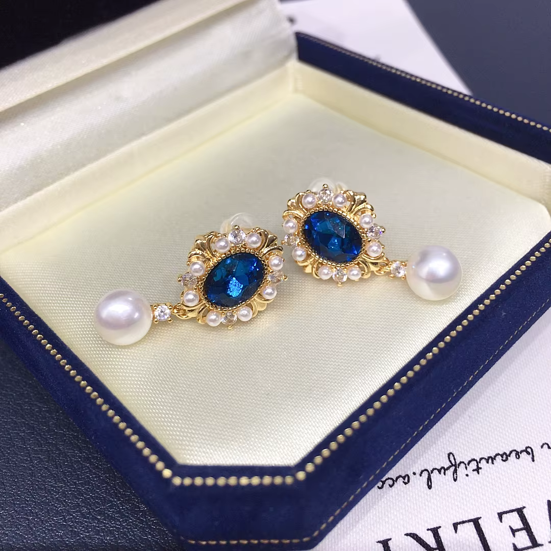ZHBORUINI boucles d'oreilles en perles d'eau douce 7-7.5mm bleu foncé Zircon rétro bijoux de mode pour les femmes belles