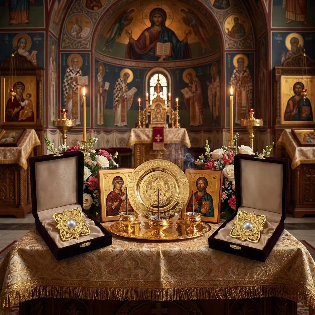 Ensemble d'assiettes d'autel orthodoxes en métal doré avec prosphora et objet carré orné dans une boîte haut de gamme