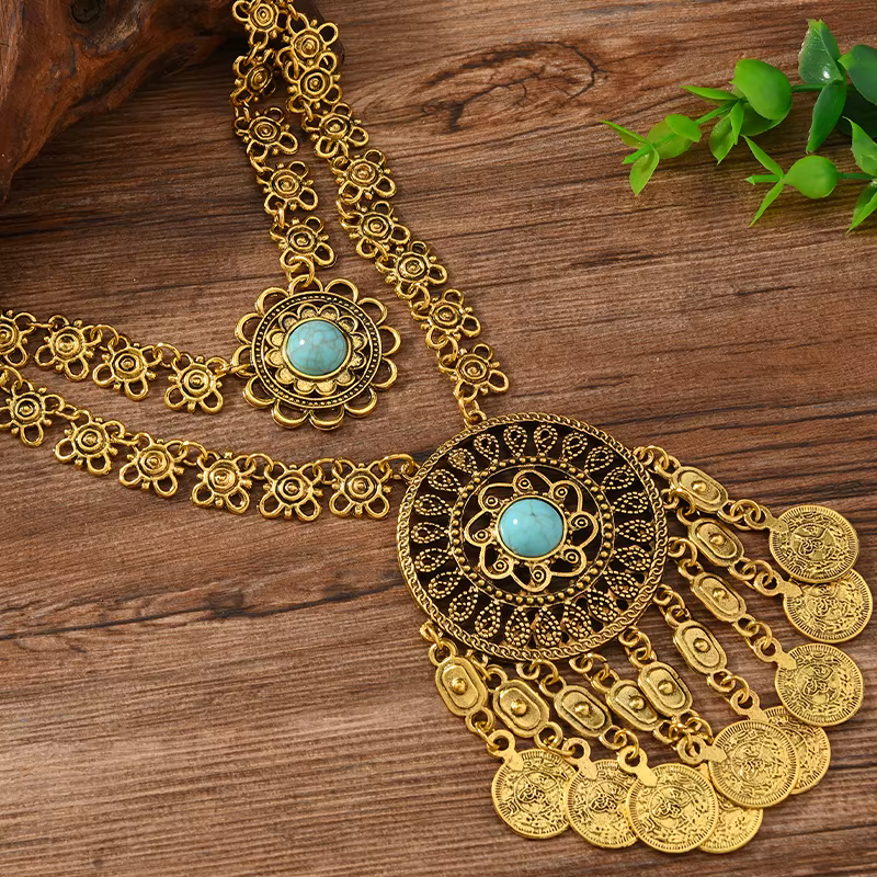 Collier ethnique en forme de pièce de monnaie Turquoise