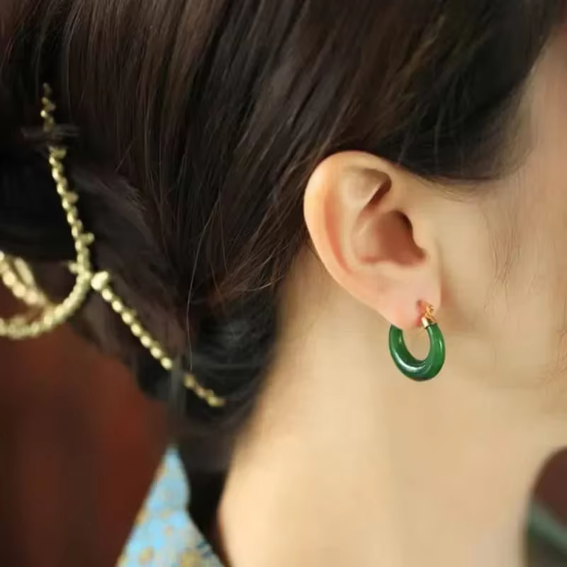 Boucles d'oreilles créoles en jaspe naturel Hetian pour femme