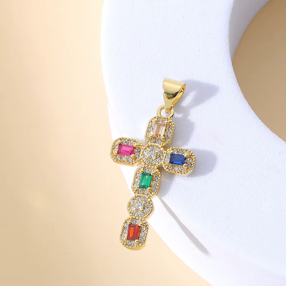 Juya fait à la main 18K véritable plaqué or zircon cubique croix chrétienne breloques pour bricolage chapelet pendentif religieux fabrication de bijoux