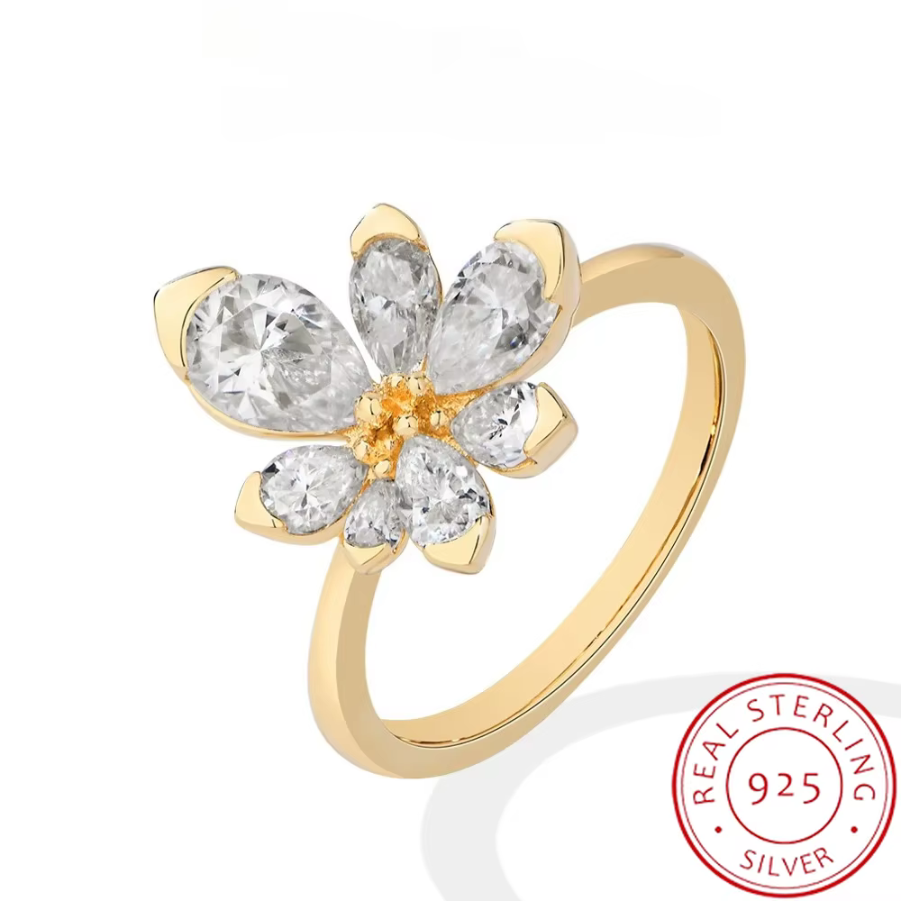 Bague en argent S925 avec zircon en forme de fleur romantique et goutte d'eau