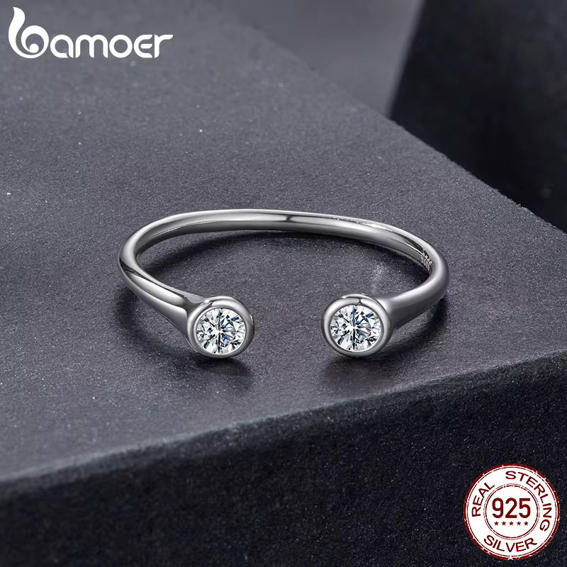 BAMOER Moissanite larme anneau ouvert Double pierre empilable