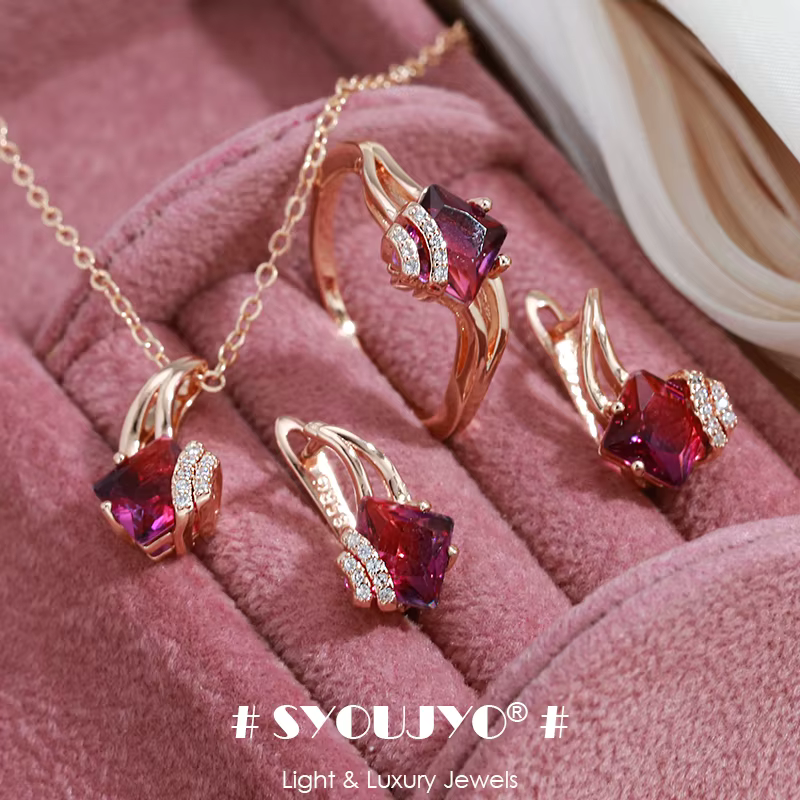 SYOUJYO Vintage grenat rouge naturel Zircon ensembles de bijoux 585 couleur or Rose mode robe Collocation collier boucles d'oreilles bague cadeau