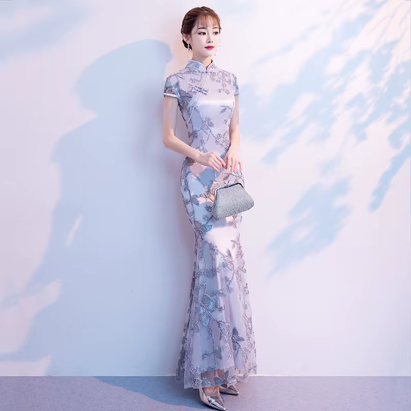 Robe longue en dentelle Cheongsam grise pour femme
