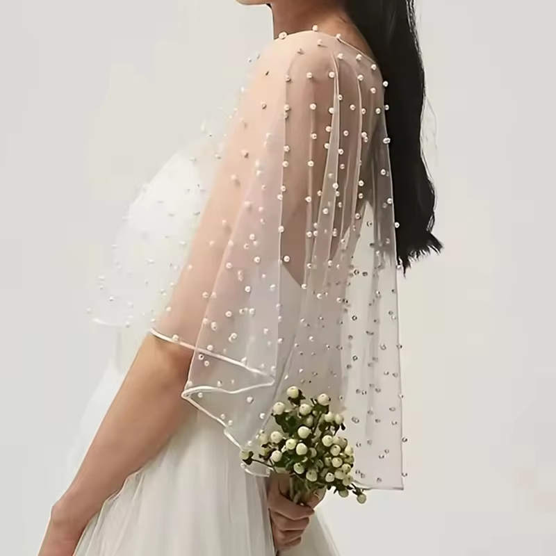 Perle perlée enveloppe de mariage col bijou transparent doux Tulle devant court Long dos châle accessoires