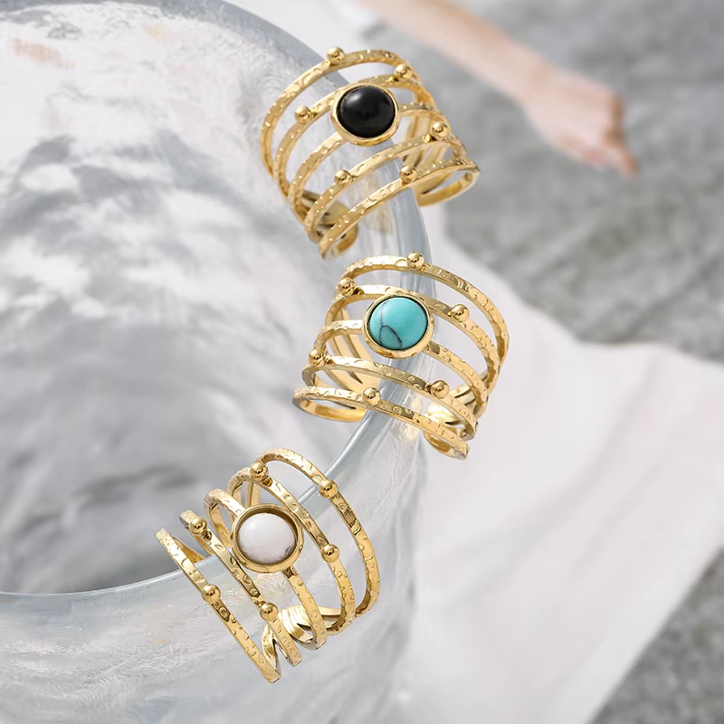 Bague ouverte en pierre naturelle creuse Boho pour femme