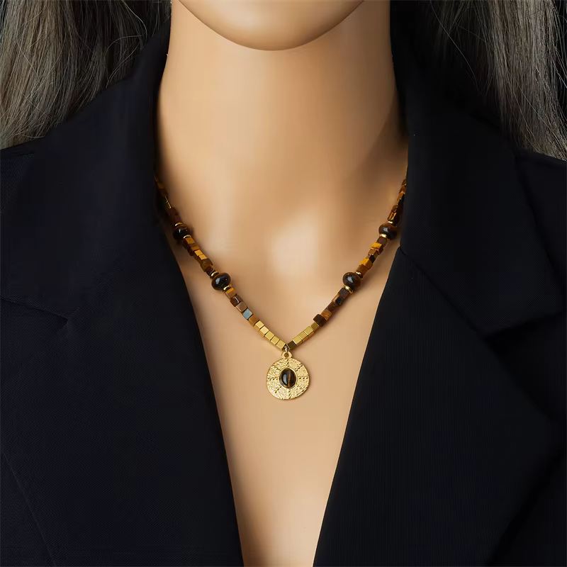 DIEYURO SION L-Collier pendentif œil de tigre vintage pour femme