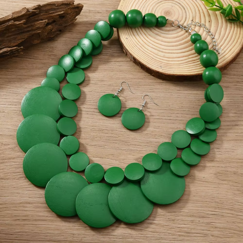 Bijoux africains bohème couleur géométrique ronde perles en bois fait à la main collier et boucles d'oreilles accessoires de fête pour femmes