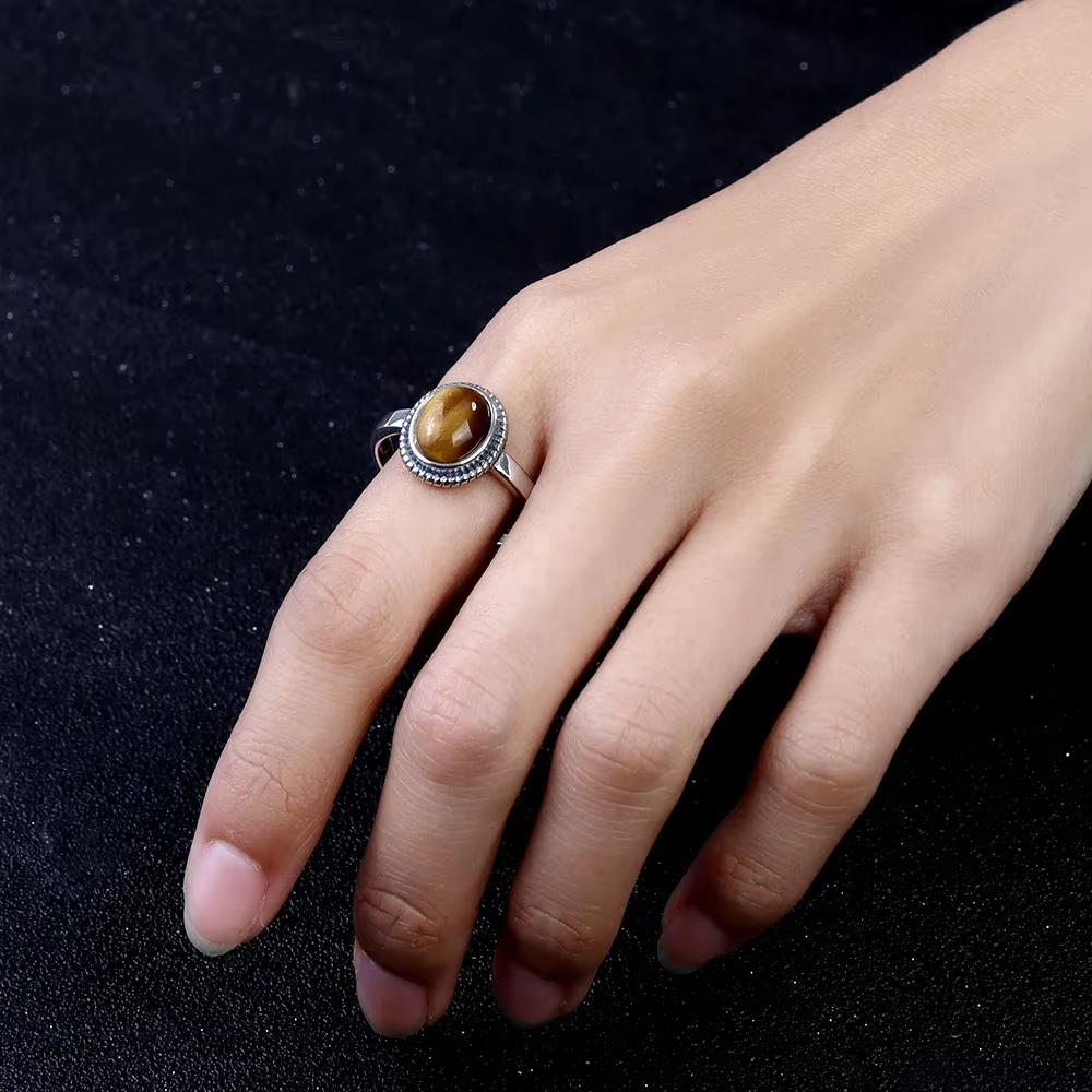 Bijoux en argent, anneaux simples en œil de tigre ovale 8x10MM