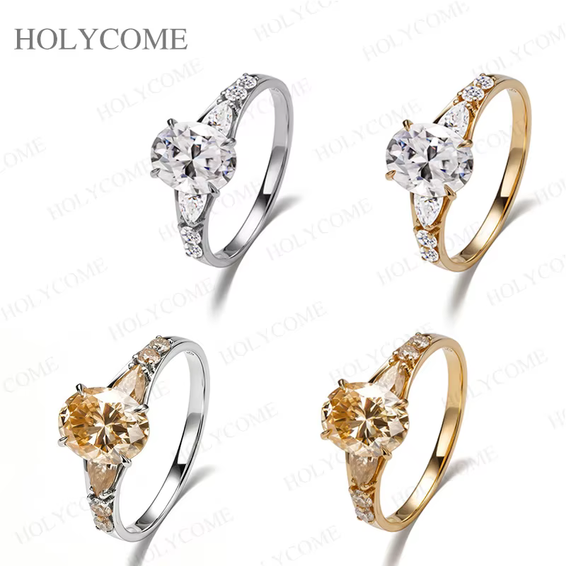 Bague en argent sterling 925 plaqué or 18 carats avec moissanite taille ovale/poire/ronde couleur D/champagne VVS1 –