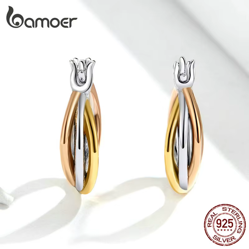 Bamoer-Boucles d'Oreilles Bicolores en Argent Sterling 925 group