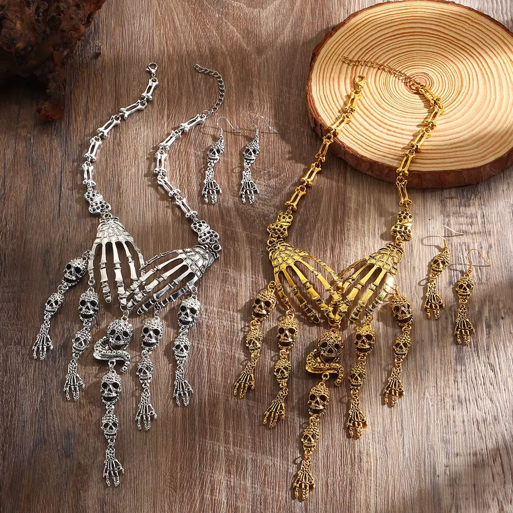 Ensemble collier et boucles d'oreilles tête de mort main fantôme en métal vintage pour femmes