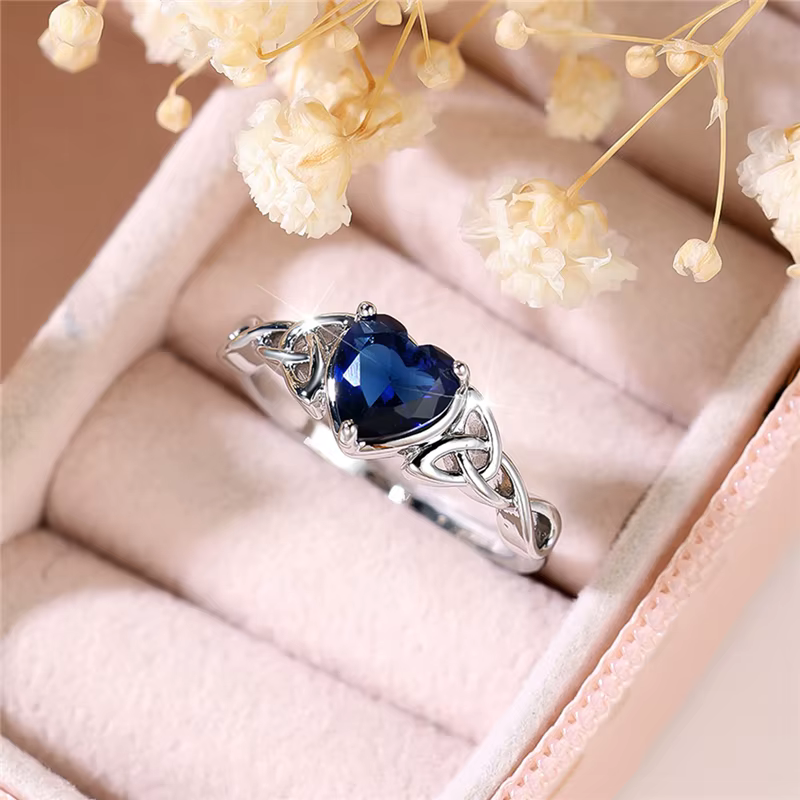 Bague de fiançailles en forme de cœur en pierre de Zircon bleu pour femme