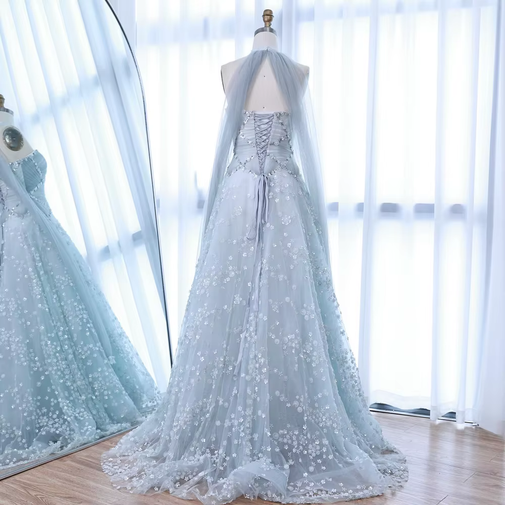 Robe de soirée trapèze bleu clair luxueuse avec fleurs 3D et manches détachables en mousseline de soie Serene Hill 2025 LA73099