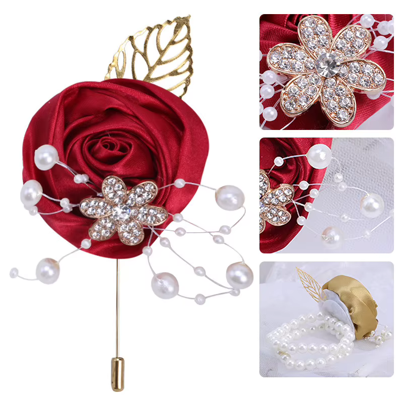 Broche de mariage Corsage de poignet pour mariée demoiselle d'honneur en ruban Rose fleur strass perle mode hommes costume broches de poche