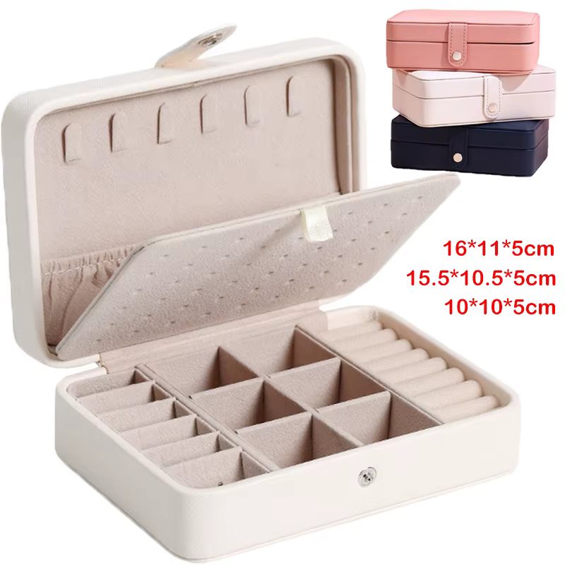 Boîte de rangement à bijoux portable à double couche avec boutons