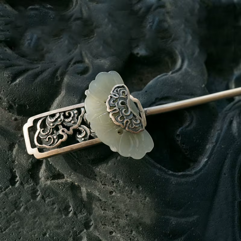 Bijoux de cheveux en jade blanc naturel incrusté d'argent 925