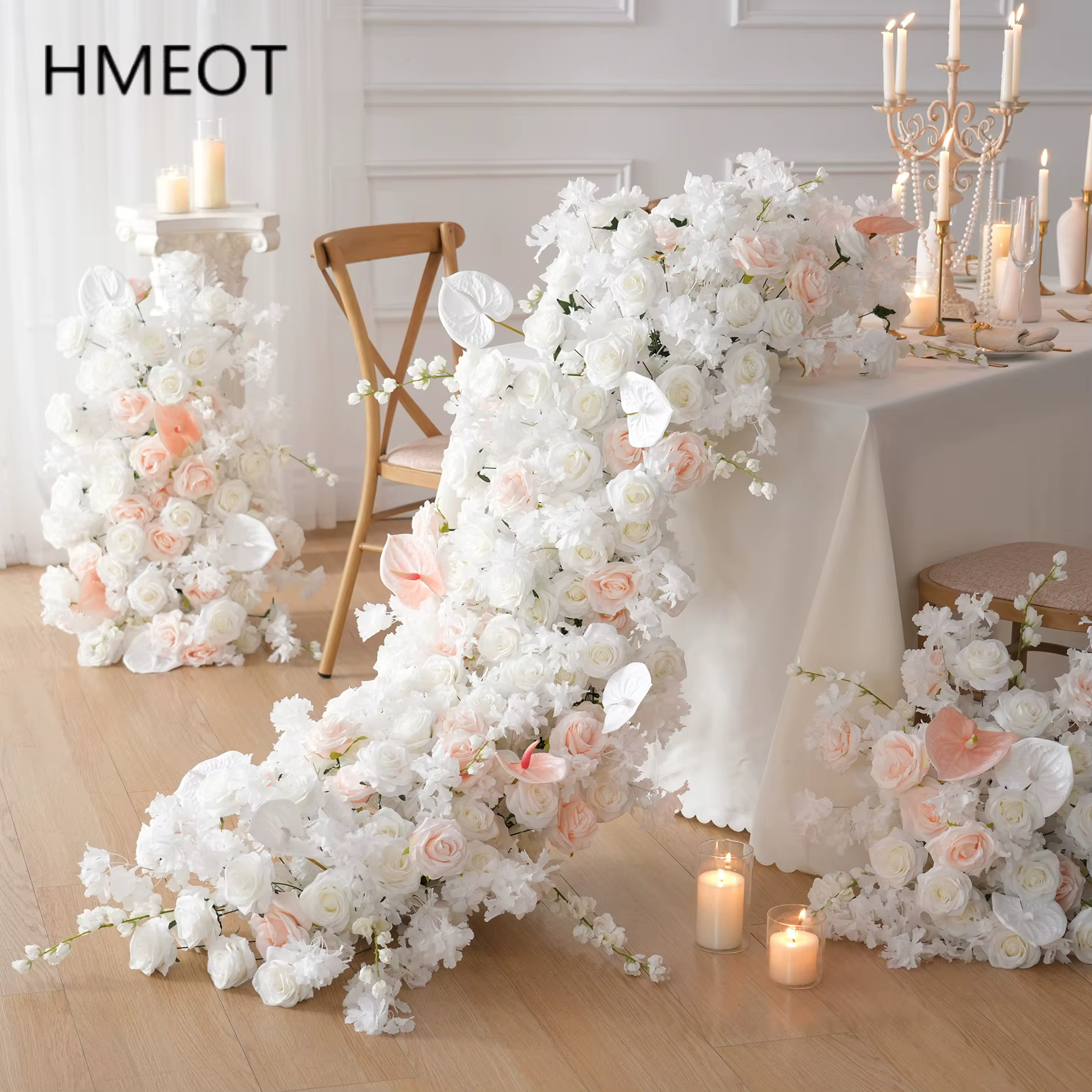 H7508 HMEOT mariage blanc rose Plam Roses suspendus Arrangement Floral allée cérémonie décoration Table canapé fleur coureurs rangées