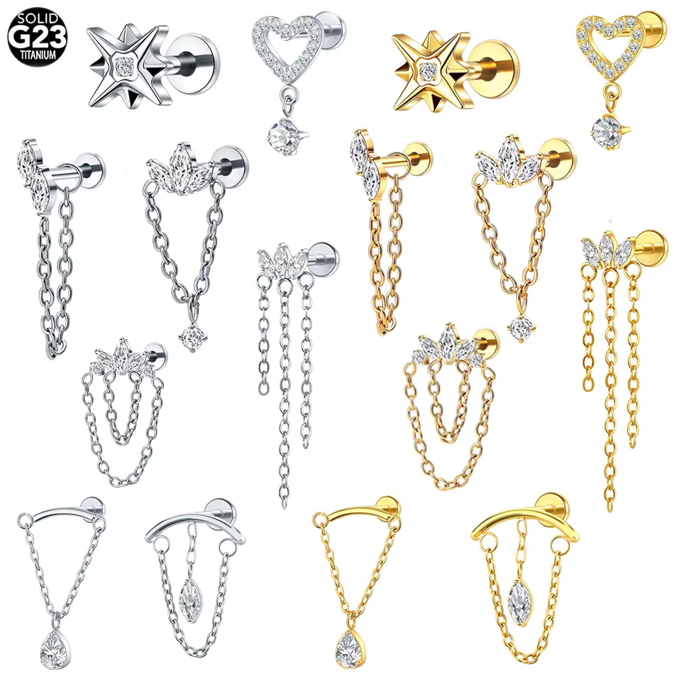 1 pièce Piercing Hélix Plat en Titane avec Zircon en Forme de Cœur pour Femme
