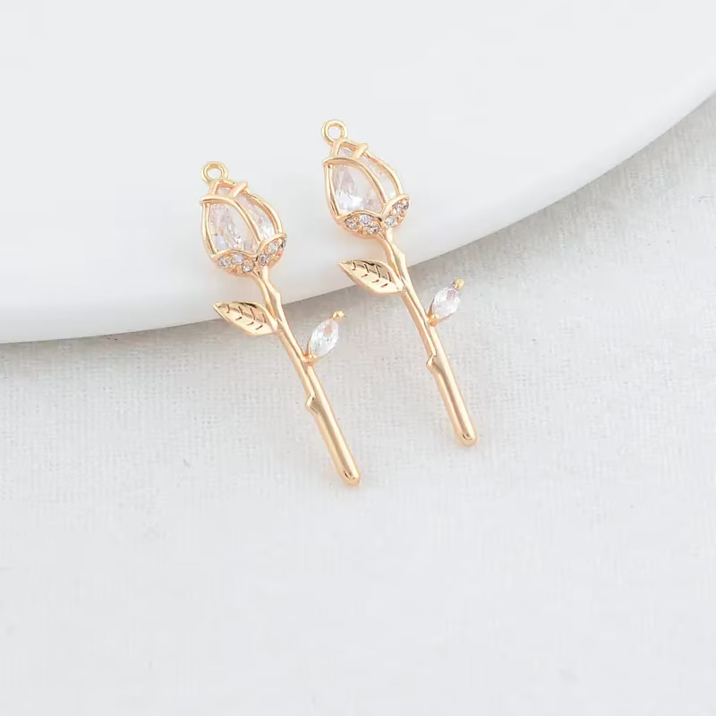 9.5*29MM 14K couleur or laiton avec Zircon fleurs breloques pendentifs collier boucles d'oreilles fabrication de bijoux fournitures accessoires