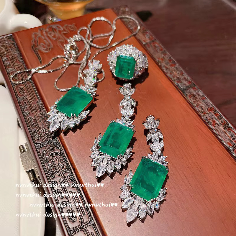 Ensemble de bijoux rectangulaires géométriques émeraude pour femmes