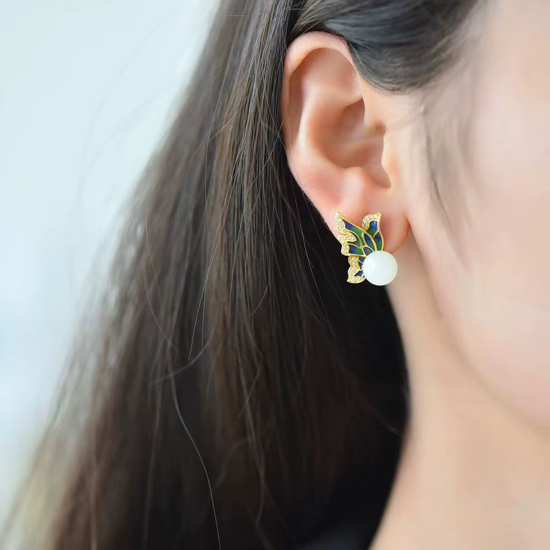 Certifié Vintage mode 925 argent ensemble naturel blanc Jade fleur oreille Stud véritable néphrite goutte balancent gland boucle d'oreille bijoux