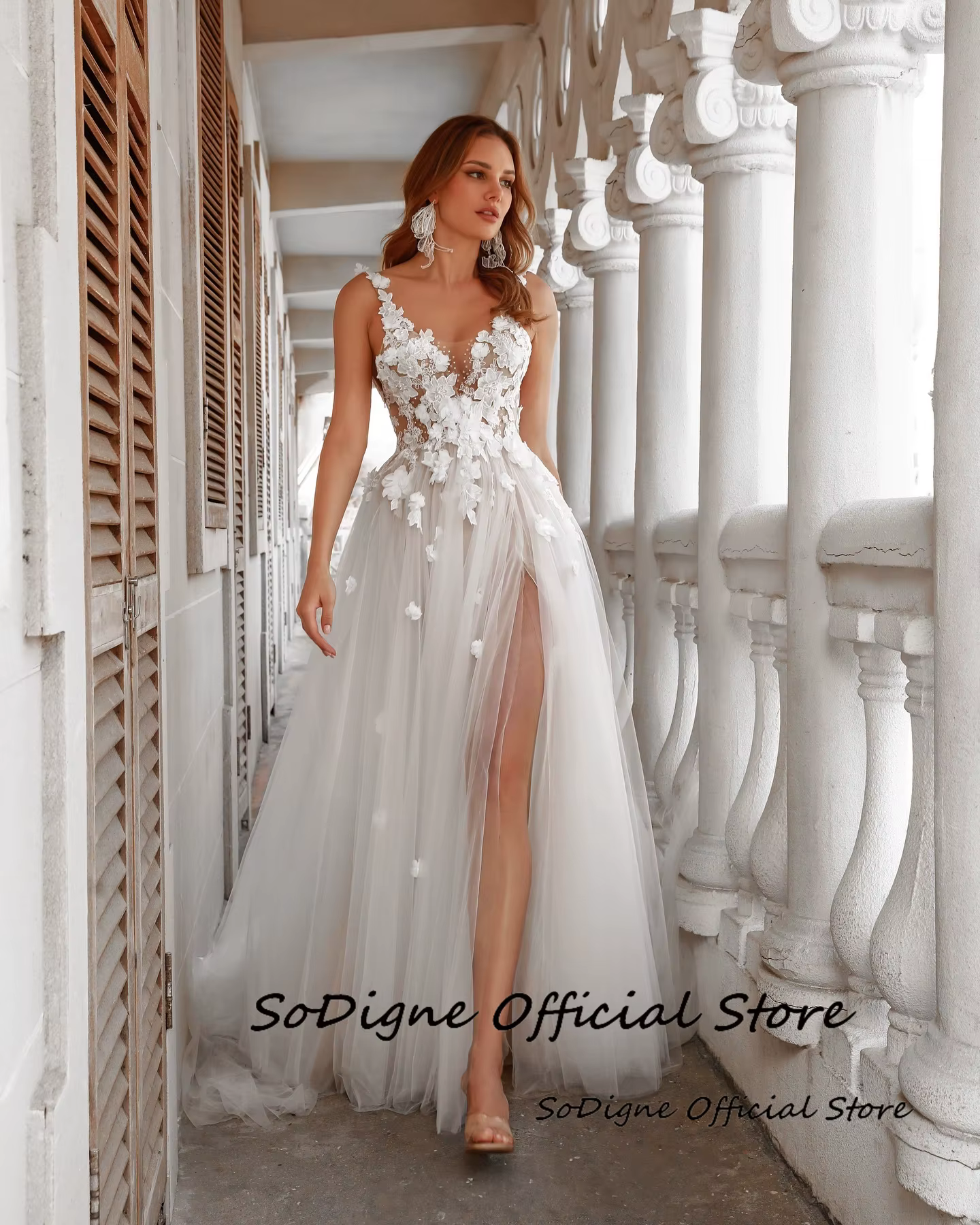SoDigne-Robe de Mariée Trapèze en Tulle pour Femme