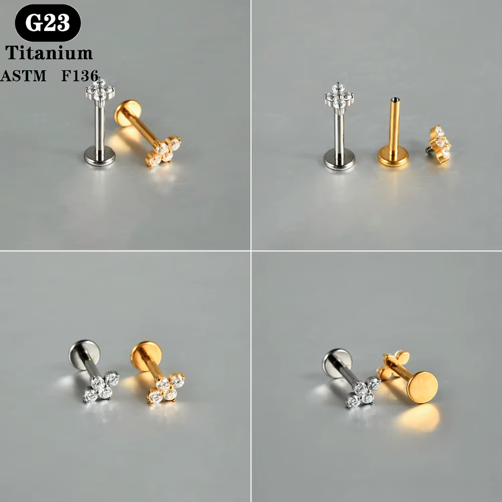 1 PC ASTM F136 titane Zircon dos plat boucle d'oreille fleur clous