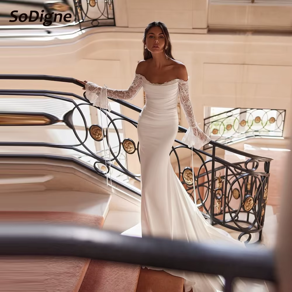  SoDigne sirène épaules dénudées robes de mariée longues manches en dentelle robe