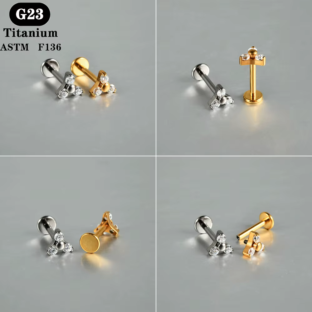 1 PC ASTM F136 titane Zircon dos plat boucle d'oreille fleur clous