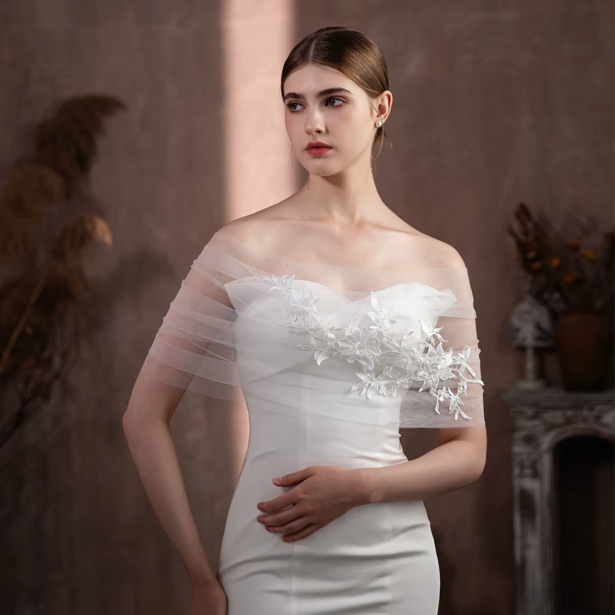 SLBRIDAL Élégant châle de mariée blanc en dentelle à fleurs