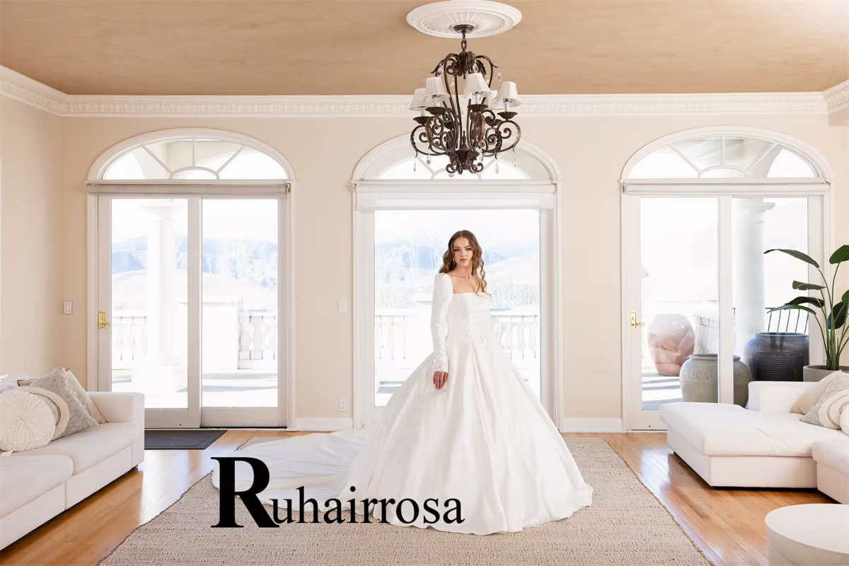 Ruhair Chic robes De mariée pour Mariages a-ligne bouton col carré manches bouffantes Appliques Vestido De Casamento personnalisé