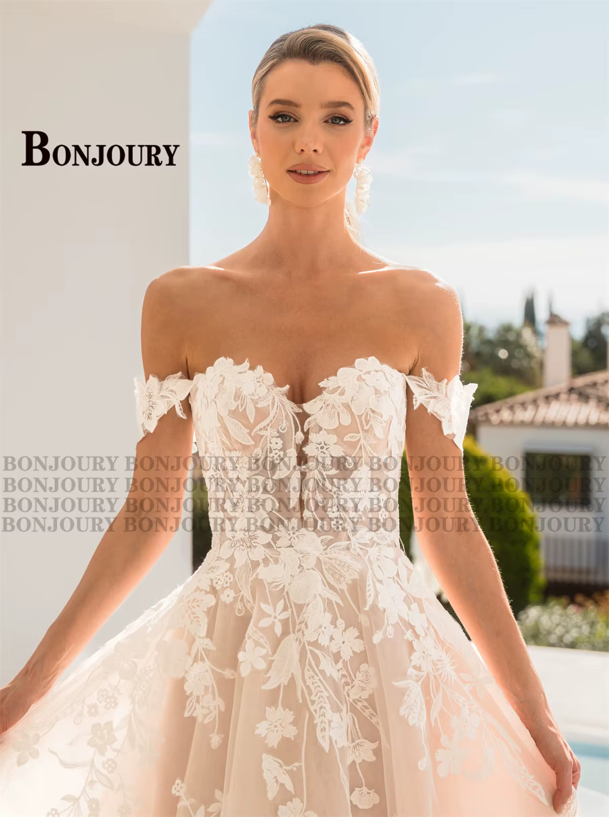 BONJOURY robes De mariée modernes pour femmes avec Appliques a-ligne hors De l'épaule à lacets Robe De soirée De Mariage personnalisé