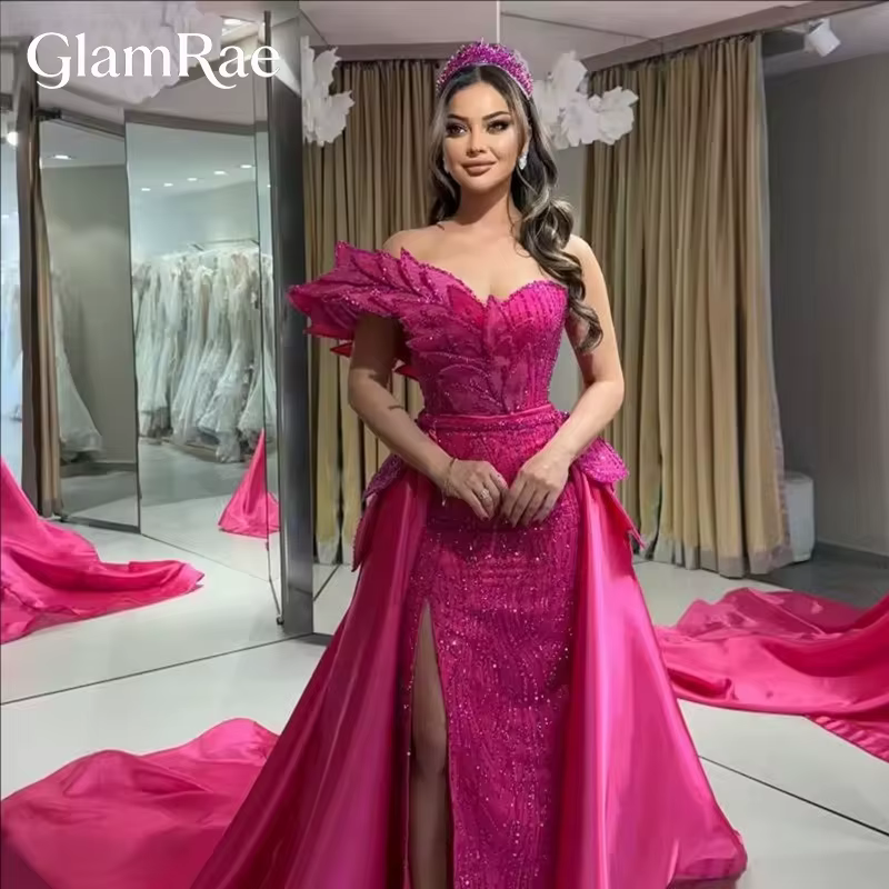 Robes de soirée à épaules dénudées pour mariage arabe dubaï cristaux longue traîne femmes robe