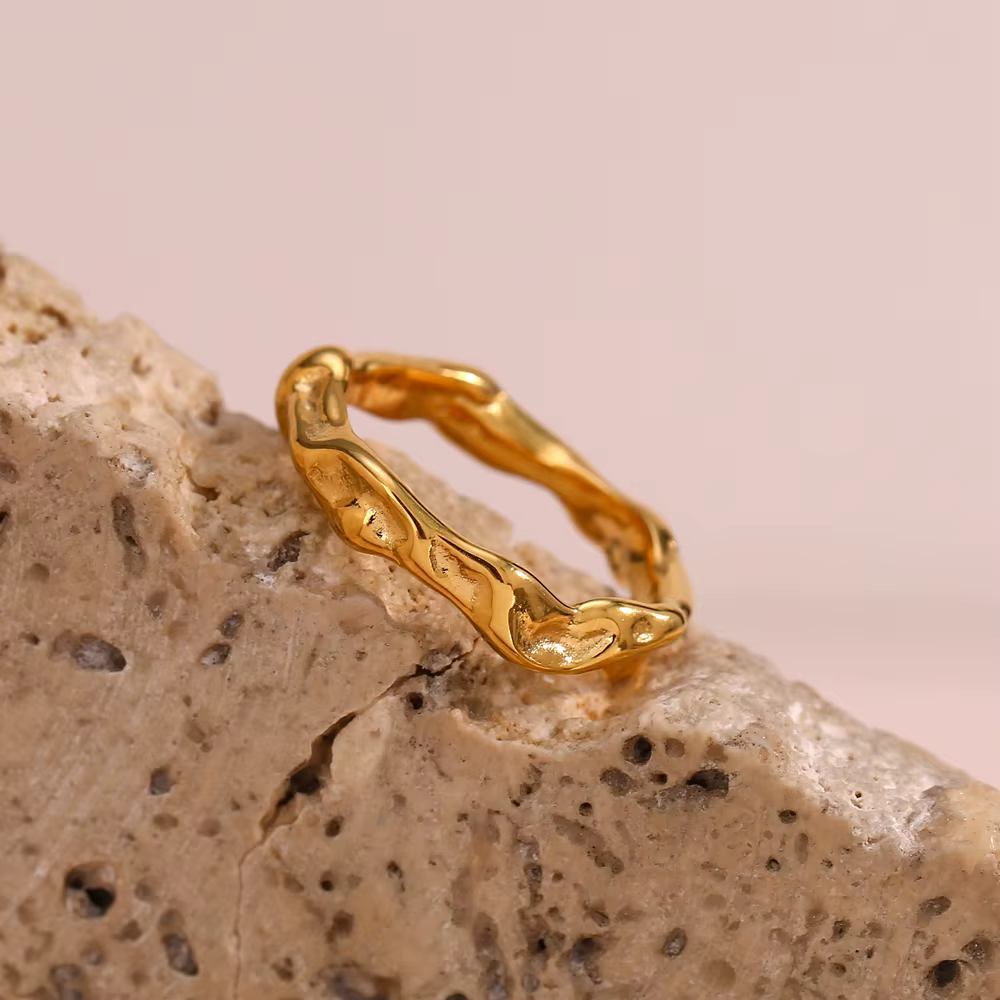 Coulée vague d'eau irrégulière martelée plaqué or Index bagues pour femme minimaliste bases en acier inoxydable anneaux bijoux