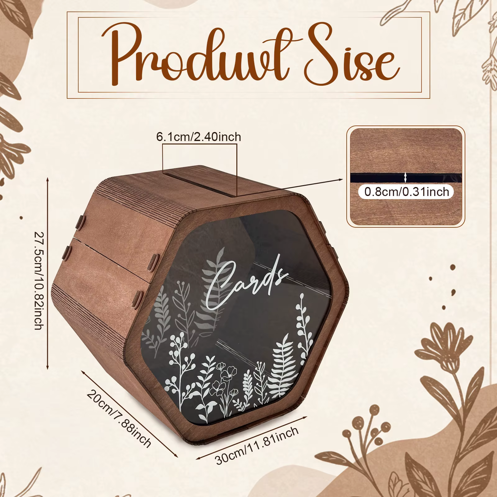 Boîte à cartes de mariage pour fête, boîte à cartes cadeaux hexagonale marron, boîte à enveloppes pour argent avec imprimé floral, boîtes à cartes de mariage en bois