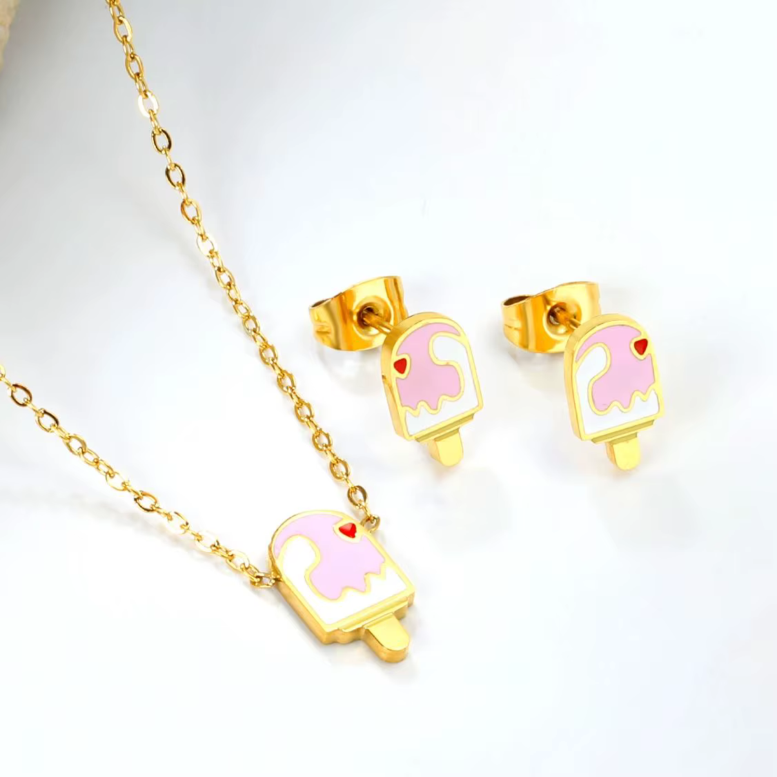 LUXUKISSKIDS été crème glacée pendentif ensemble de bijoux rose glace Popsicle mignon filles jeunes dames en acier collier boucles d'oreilles ensembles