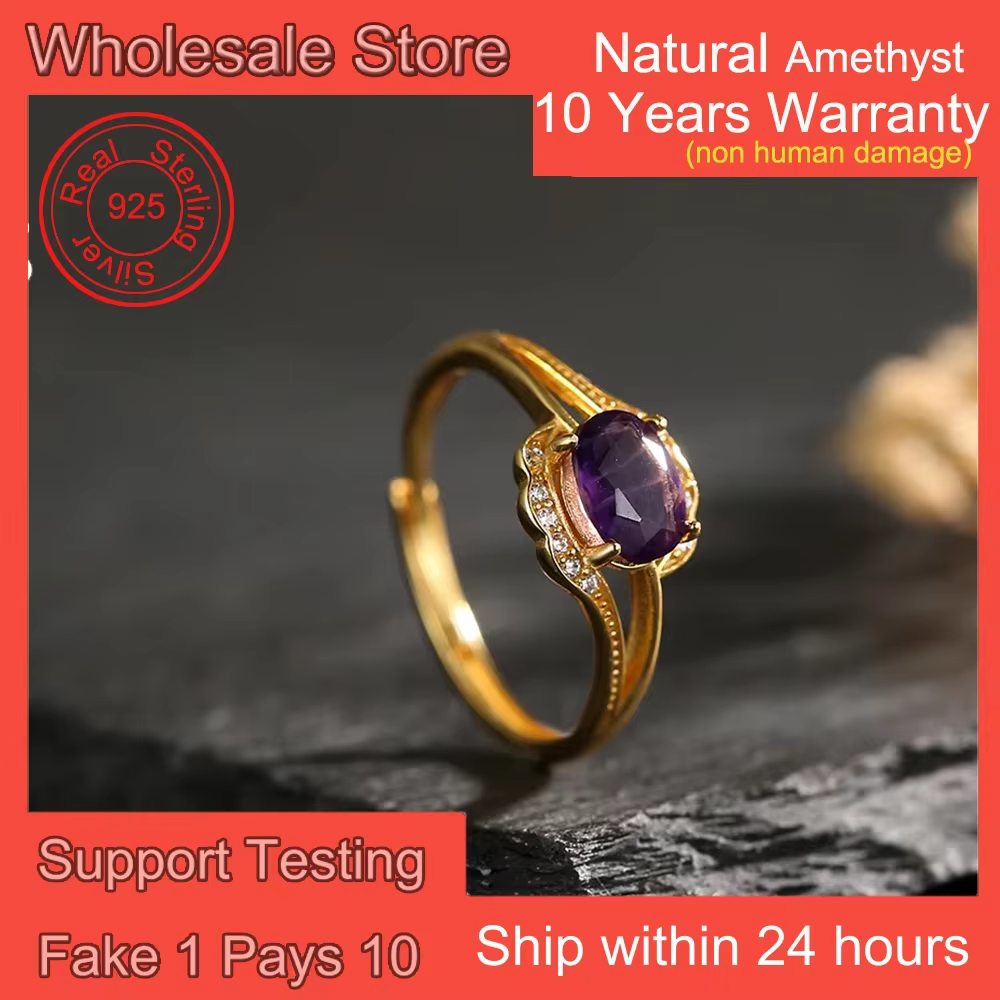 Bague en Améthyste Naturelle en Argent 925 Plaqué Or K pour Femme