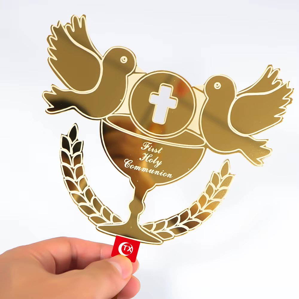 Nouveau Topper de Gâteau Baptême Garçons et Filles Pigeons IHS Eucharistie Doré pour Fête d'Anniversaire Décoration