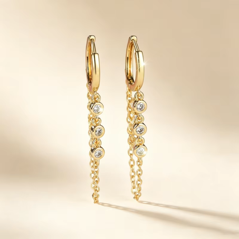 Boucles d'oreilles longues de luxe françaises avec plusieurs couches de chaînes et strass pour femmes