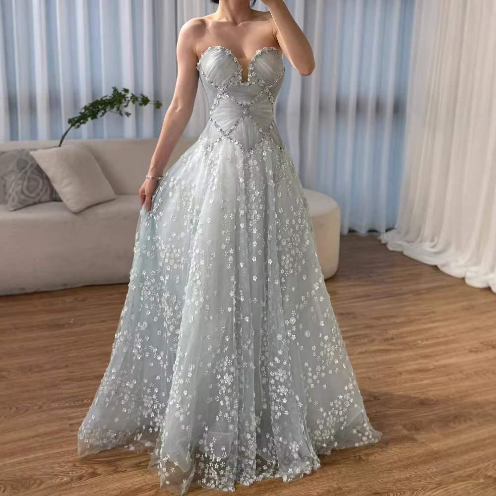 Robe de soirée trapèze bleu clair luxueuse avec fleurs 3D et manches détachables en mousseline de soie Serene Hill 2025 LA73099