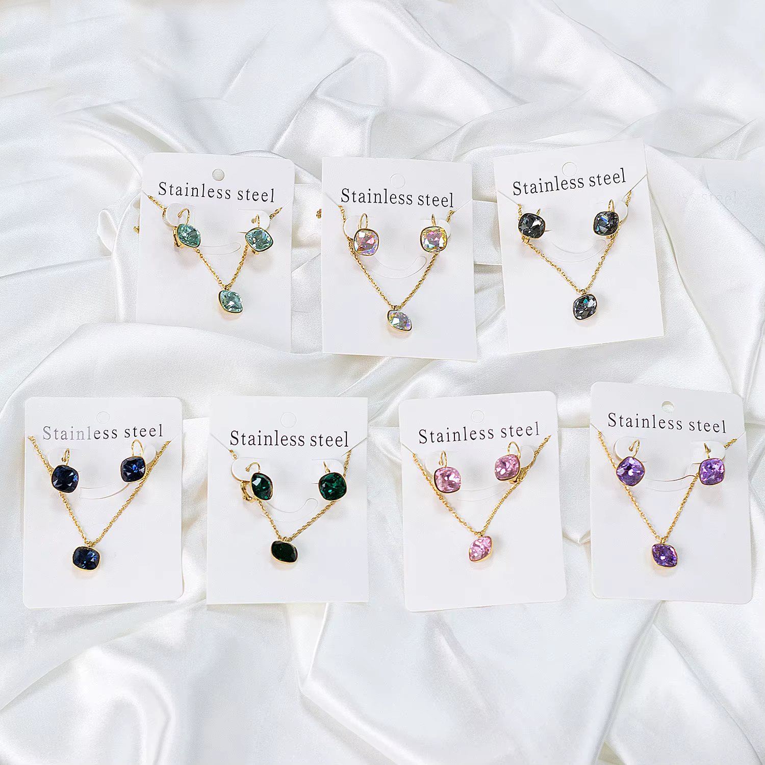 LUXUKISSKIDS carré cubique zircone ensembles de bijoux à la mode géométrique multi-coloré brillant cristal collier boucles d'oreilles ensemble en gros